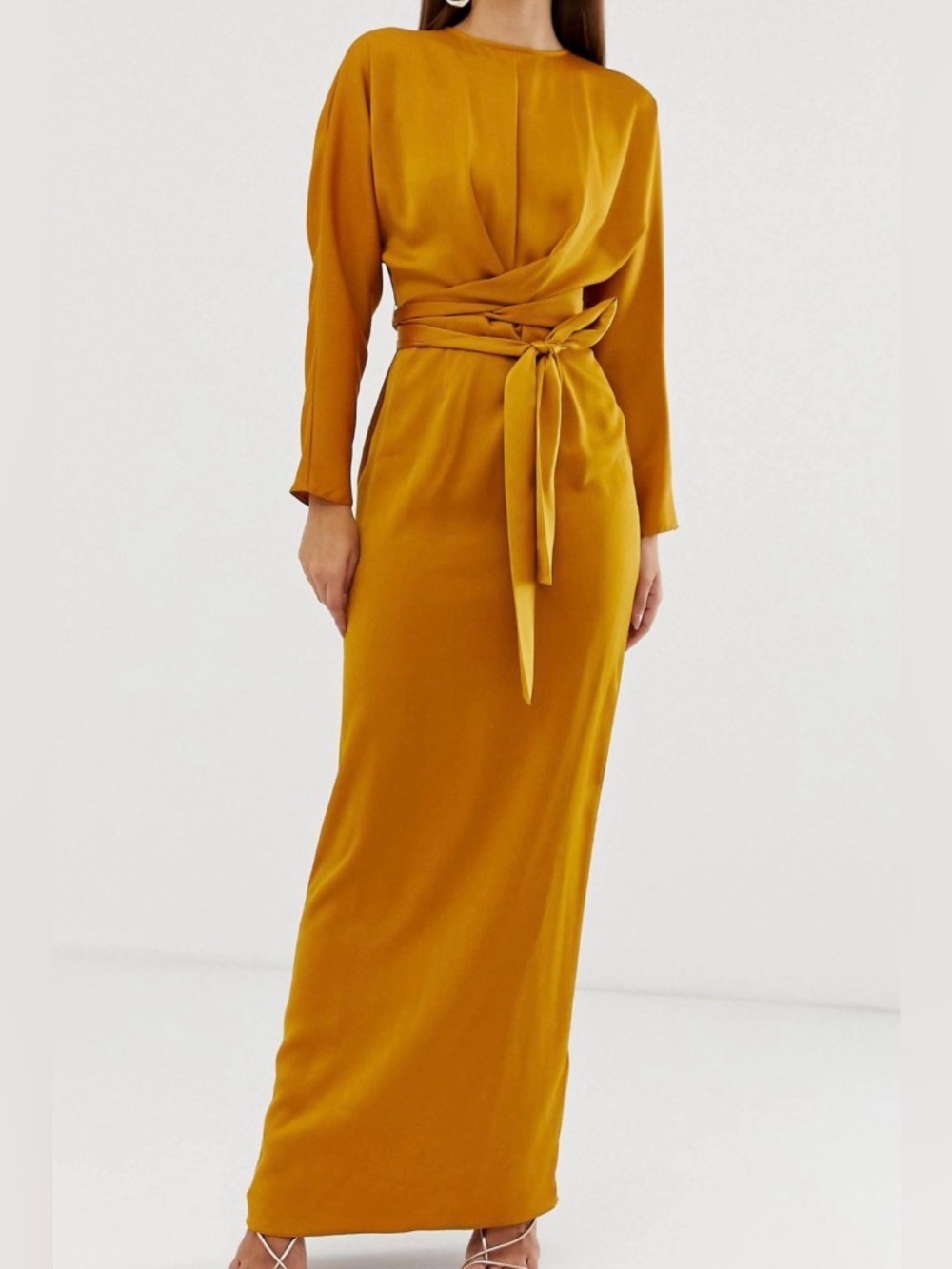 ASOS Mustard Long-Sleeve Maxi Dress Satin Long Sleeve